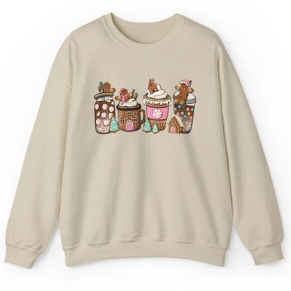 Gingerbread Print‎ Women’s Crew Neck Cozy Christmas Sweatshirt, Sand, Size L - Picture 1 of 5